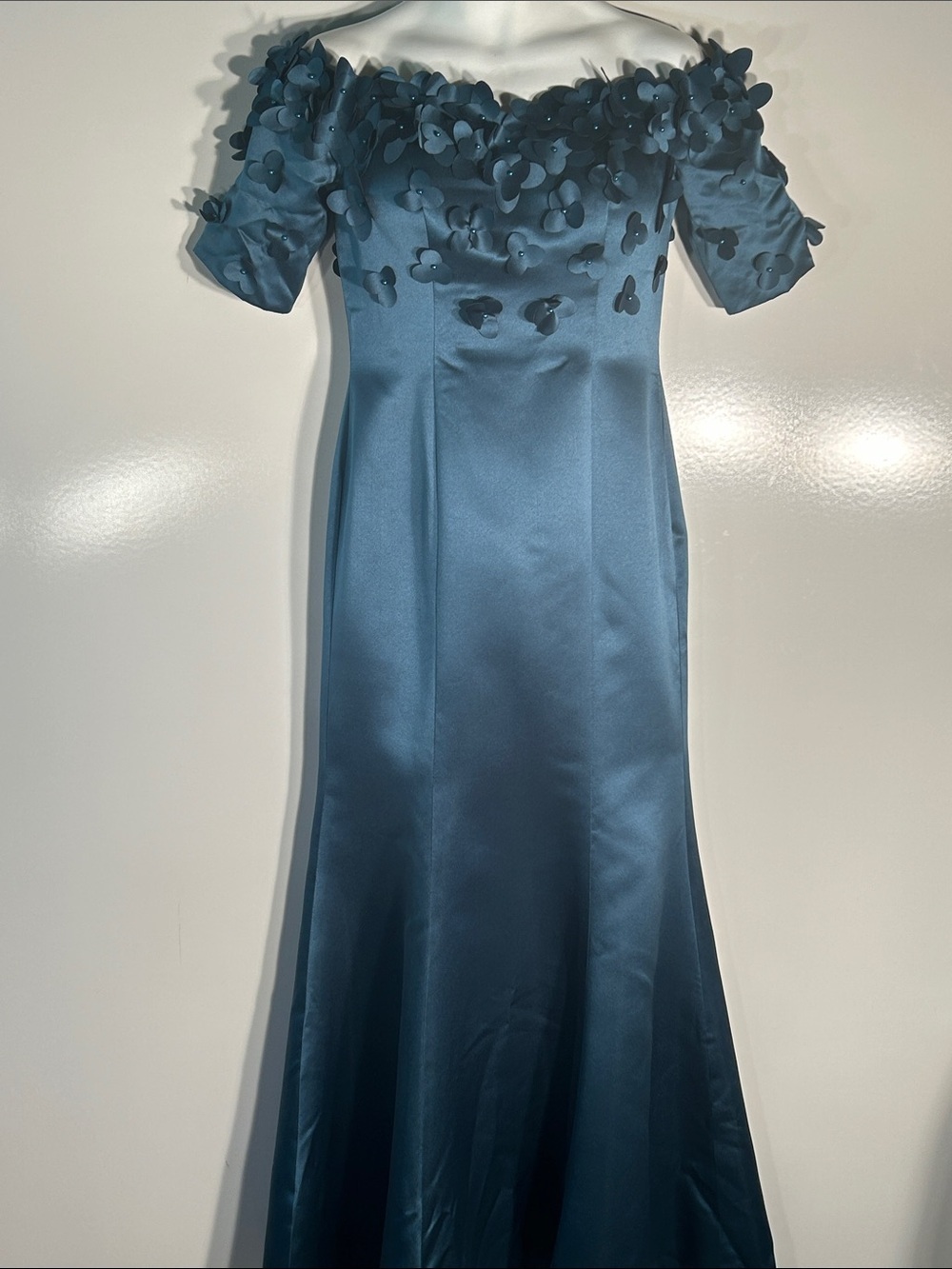 Missacc NWT Teal Satin Off Shoulder Flower Embellished Formal MOB Prom Bridesmai